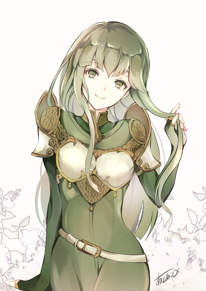 1girl armor atoatto elbow_gloves fingerless_gloves fire_emblem fire_emblem:_mystery_of_the_emblem fire_emblem_echoes:_mou_hitori_no_eiyuuou gloves green_eyes green_hair headband long_hair paola pegasus_knight smile solo