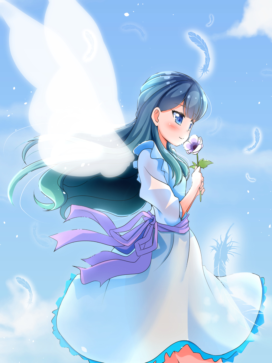 1girl blue_background blue_dress blue_eyes blue_hair bow closed_mouth clouds cowboy_shot dress feathers flower highres holding holding_flower hugtto!_precure long_hair precure purple_bow sky smile solo teliga white_wings wings yakushiji_saaya