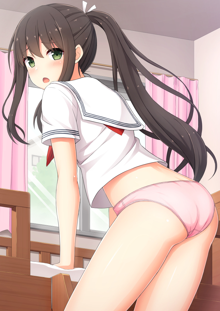 1girl arm_support bangs bed blush brown_hair commentary_request curtains eyebrows_visible_through_hair green_eyes hair_between_eyes hair_ribbon indoors leaning_forward long_hair looking_at_viewer looking_back nakamura_sumikage neckerchief no_pants open_mouth original panties pink_panties ponytail red_neckwear ribbon sailor_collar school_uniform serafuku shirt short_sleeves solo underwear very_long_hair white_ribbon white_sailor_collar white_shirt window