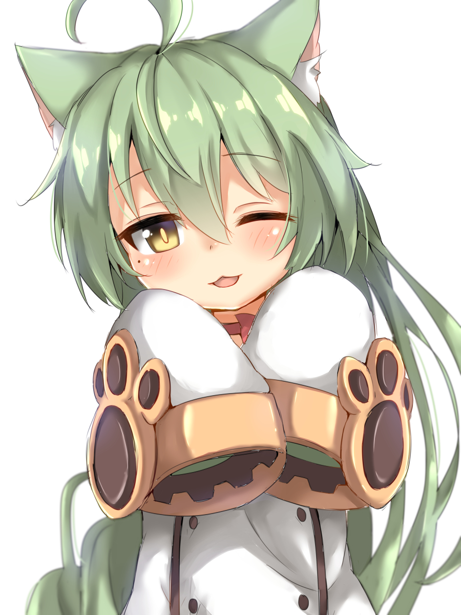 1girl ;3 ;d ahoge akashi_(azur_lane) animal_ears azur_lane bangs blush cat_ears commentary_request dress eyebrows_visible_through_hair green_hair hair_between_eyes hands_up head_tilt highres long_hair long_sleeves looking_at_viewer neko8_(rcde4533) one_eye_closed open_mouth simple_background sleeves_past_fingers sleeves_past_wrists smile solo very_long_hair white_background white_dress wide_sleeves yellow_eyes