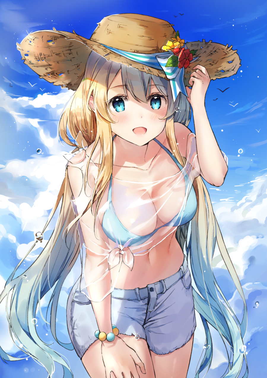 1girl :d arm_up bangs barefoot bikini_top bird blonde_hair blue_bikini_top blue_eyes blue_hair blue_ribbon blue_shorts blue_sky blush bracelet breasts brown_hat cherim cleavage clouds collar collarbone commission day eyebrows_visible_through_hair flower gradient_hair halter_top halterneck hand_on_headwear hand_on_own_thigh hat hat_flower hat_ribbon highres jewelry large_breasts leaning_forward long_hair looking_at_viewer low_twintails multicolored_hair off_shoulder open_mouth original outdoors red_flower ribbon see-through shirt short_sleeves shorts shoulder_cutout sky smile solo sparkle straw_hat tareme tied_shirt twintails very_long_hair water_drop yellow_flower