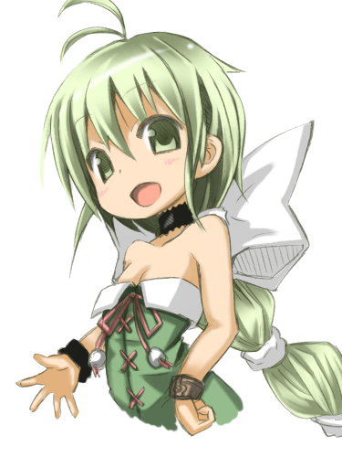 1girl :d bare_shoulders black_choker bow braid breasts choker cleavage commentary_request graphite_(medium) green_eyes green_hair hair_bow hair_ornament hair_ribbon konomi_uo long_hair looking_at_viewer lowres multi-tied_hair open_mouth ribbon saga saga_frontier saga_frontier_2 single_braid smile solo traditional_media very_long_hair virginia_knights