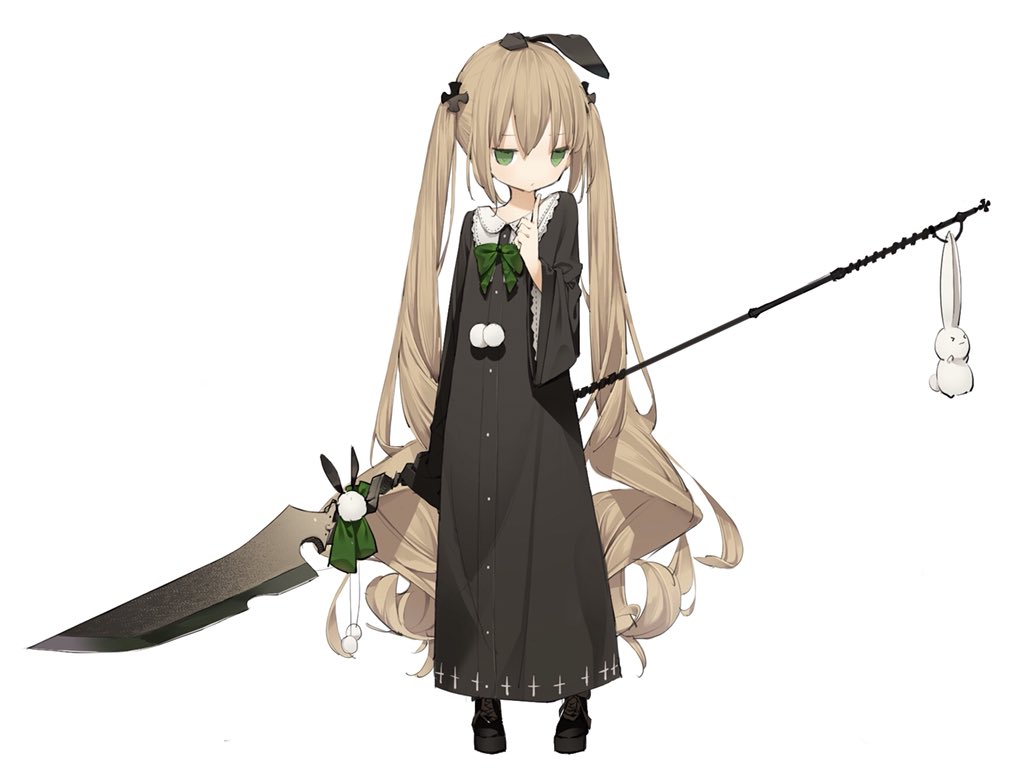 1girl bangs black_dress black_footwear black_ribbon boots bow brown_hair closed_mouth commentary copyright_request dress eyebrows_visible_through_hair glaive green_bow green_eyes hair_between_eyes hair_ribbon holding holding_weapon jitome long_hair long_sleeves low_twintails mabuta_(byc0yqf4mabye5z) pom_pom_(clothes) ribbon simple_background solo stuffed_animal stuffed_bunny stuffed_toy twintails very_long_hair weapon white_background wide_sleeves