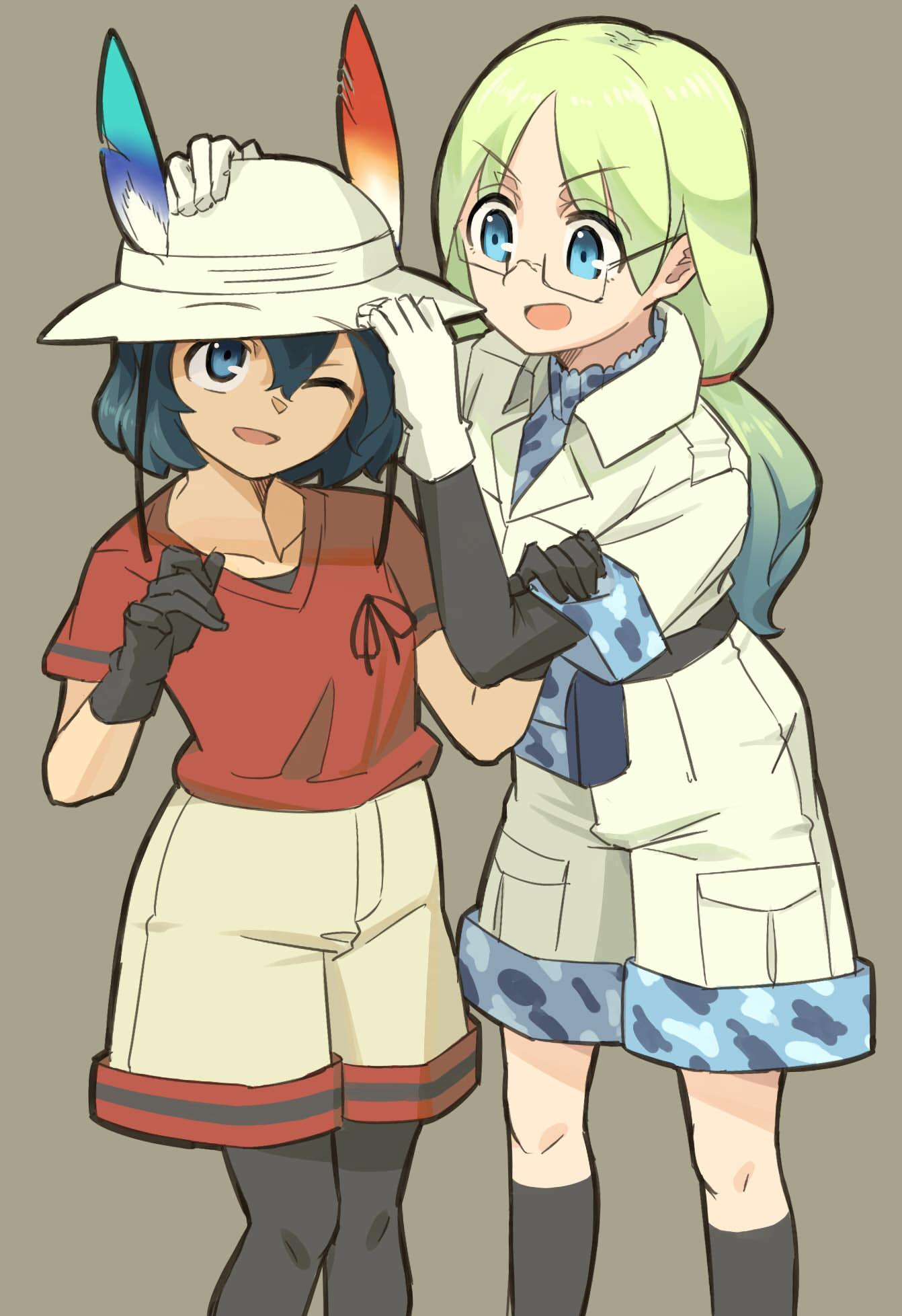 2girls 524_(kemono_ethread) black_hair blue_eyes blue_hair bucket_hat camouflage_trim cargo_shorts commentary_request elbow_gloves eyebrows_visible_through_hair feathers glasses gloves gradient_hair green_hair hair_tie hand_on_another's_head hat headwear_removed highres kaban_(kemono_friends) kemono_friends khakis kneehighs long_hair mirai_(kemono_friends) multicolored_hair multiple_girls one_eye_closed pantyhose shirt short_hair shorts t-shirt v-shaped_eyebrows