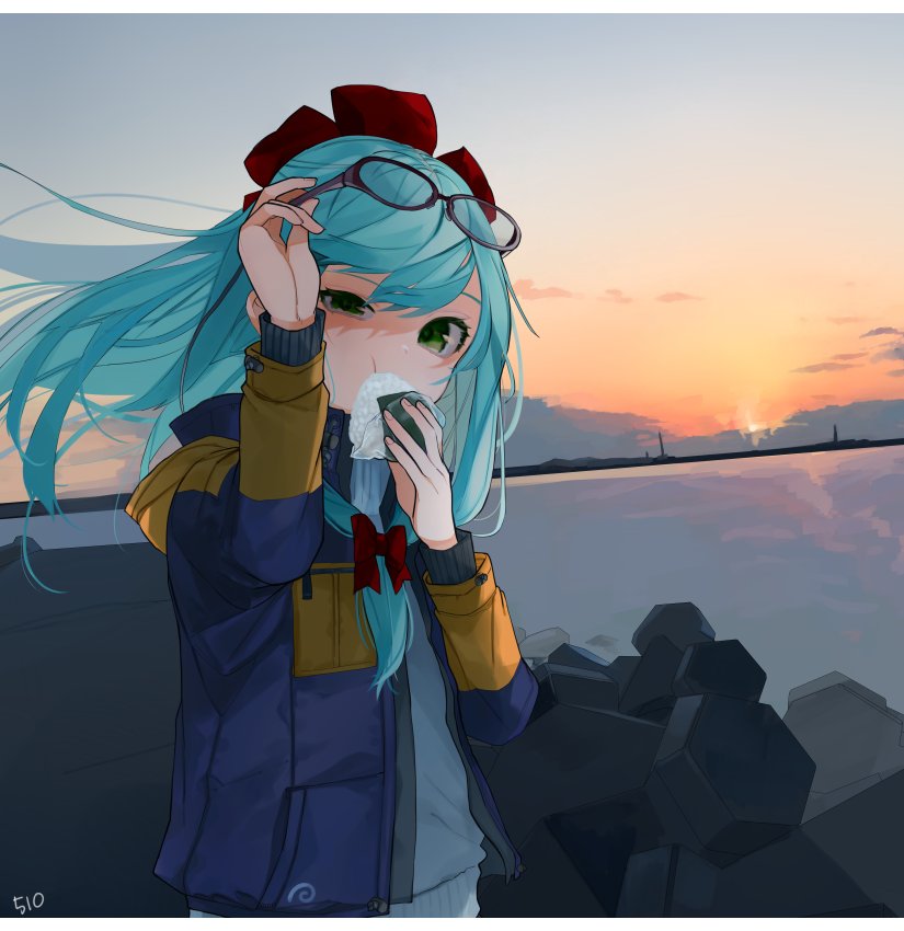 1girl alternate_costume aqua_hair bow clouds contemporary covered_mouth eating eyewear_lift eyewear_on_head food gotoh510 gradient_sky green_eyes grey-framed_eyewear hair_bow hand_up holding holding_food horizon jacket kagiyama_hina long_hair looking_at_viewer onigiri open_clothes open_jacket outdoors pocket red_bow rock scenery sky solo standing sun sunrise touhou uneven_eyes upper_body water