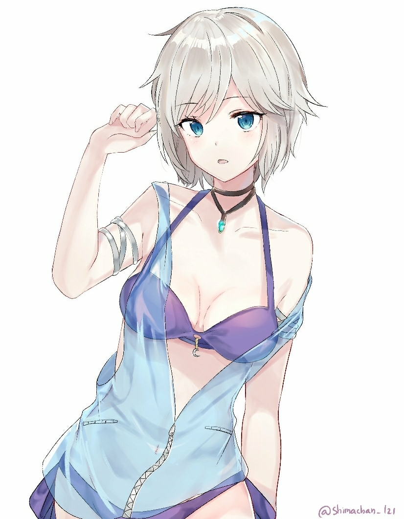 1girl :o anastasia_(idolmaster) arm_strap bangs bare_shoulders bikini bikini_under_clothes black_choker blue_eyes blue_vest breasts choker collarbone commentary_request crescent eyebrows_visible_through_hair gem hair_between_eyes hand_up head_tilt idolmaster idolmaster_cinderella_girls jewelry looking_at_viewer navel necklace off_shoulder pale_skin parted_bangs pocket purple_bikini see-through shiny shiny_hair short_hair side-tie_bikini silver_hair simple_background small_breasts solo swimsuit twitter_username vest white_background yurumawari zipper zipper_pull_tab