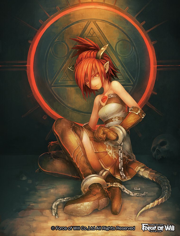 1girl boots chains company_name dragon_tail force_of_will gloves horns official_art orange_eyes pleated_skirt pointy_ears redhead skirt skull solo sylvia_gill_palarilias_(force_of_will) tail