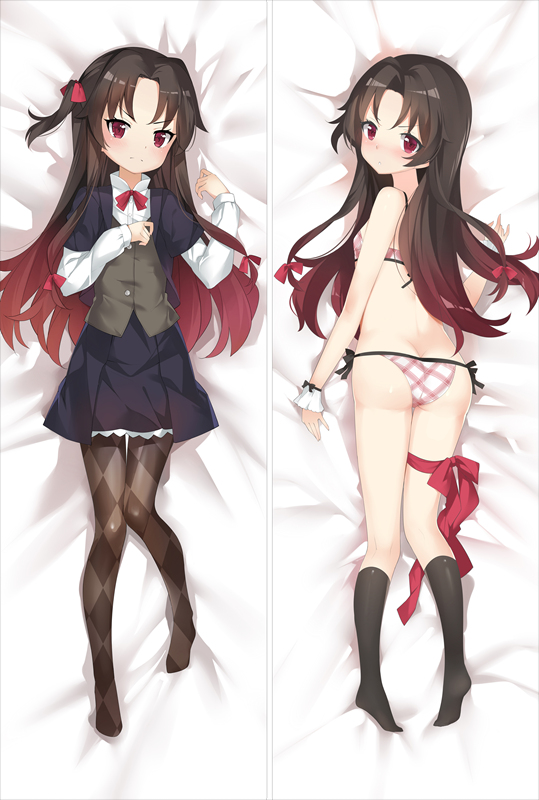 1girl argyle argyle_legwear ass bakugadou bed_sheet black_legwear black_skirt blush bow bowtie bra buttons closed_mouth dakimakura full_body gradient_hair hair_bow kneehighs long_hair long_sleeves looking_at_viewer lying multicolored_hair multiple_views no_shoes on_back on_stomach one_side_up panties pantyhose plaid plaid_bra plaid_panties red_bow red_neckwear ryuuou_no_oshigoto! shirt side-tie_panties sidelocks skirt thigh_gap two-tone_hair underwear underwear_only white_shirt yashajin_ai