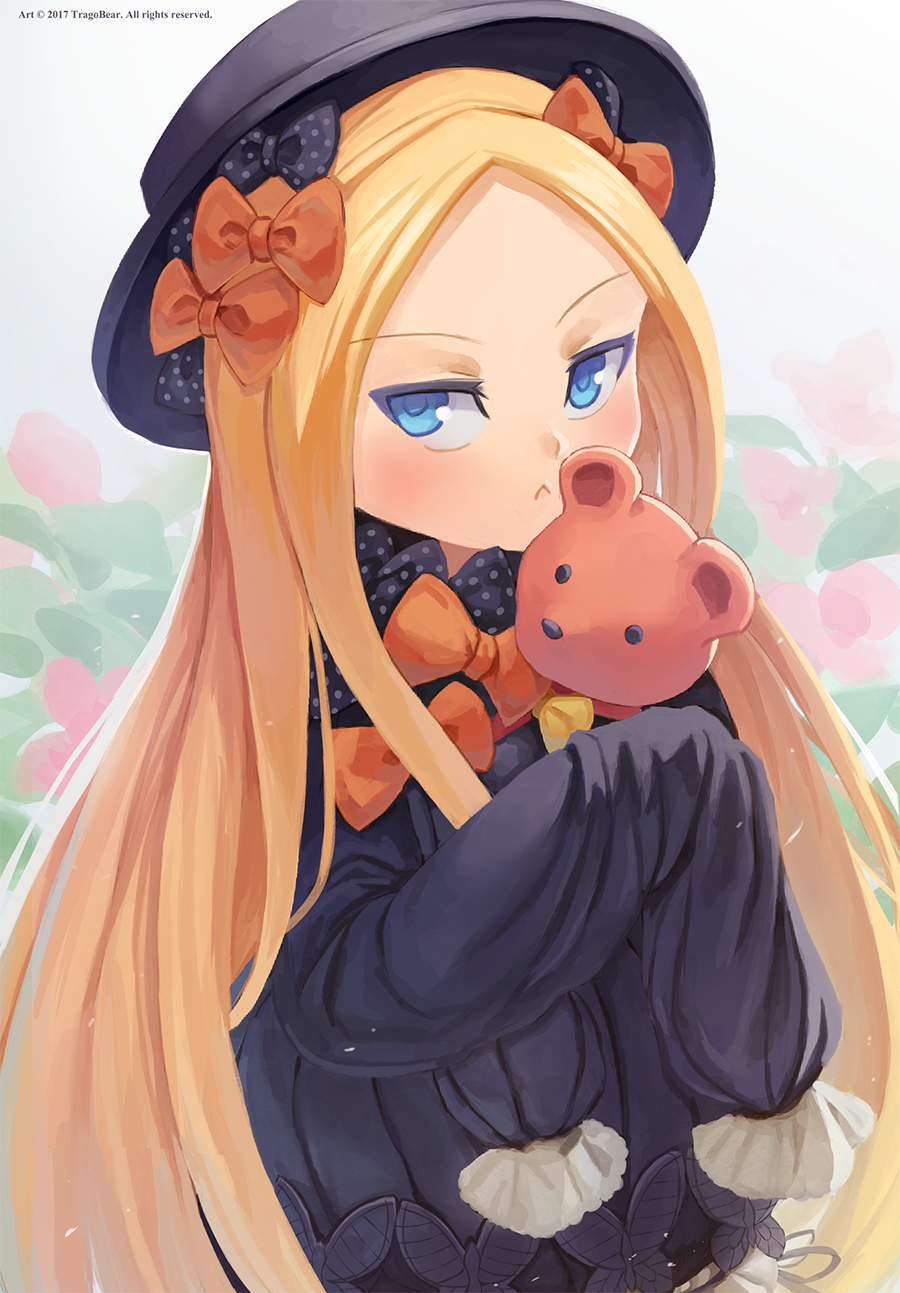 1girl 2017 :&lt; abigail_williams_(fate/grand_order) artist_name bangs black_bow black_dress black_hat blonde_hair bloomers blue_eyes blush bow butterfly closed_mouth commentary dress eyebrows_visible_through_hair fate/grand_order fate_(series) flower forehead grey_background hair_bow hat highres long_hair long_sleeves looking_at_viewer object_hug orange_bow parted_bangs pink_flower polka_dot polka_dot_bow sleeves_past_fingers sleeves_past_wrists solo stuffed_animal stuffed_toy teddy_bear tragobear underwear v-shaped_eyebrows very_long_hair white_bloomers
