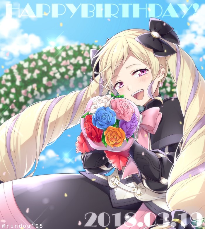 1girl 2018 armor blonde_hair dress drill_hair elise_(fire_emblem_if) fire_emblem fire_emblem_if flower gloves hiyori_(rindou66) long_hair looking_at_viewer open_mouth sky solo twin_drills twintails violet_eyes