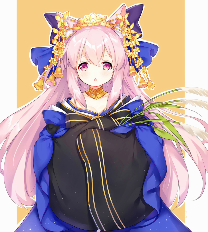 1girl :o alternate_costume animal_ears azur_lane bangs blue_bow blue_kimono blush bow cat_ears chestnut_mouth commentary_request eyebrows_visible_through_hair flower hair_between_eyes hair_bow hair_flower hair_ornament japanese_clothes kimono kisaragi_(azur_lane) long_hair long_sleeves looking_at_viewer outline oversized_clothes own_hands_together parted_lips pink_hair sleeves_past_fingers sleeves_past_wrists solo tengxiang_lingnai very_long_hair violet_eyes white_outline wide_sleeves yellow_flower