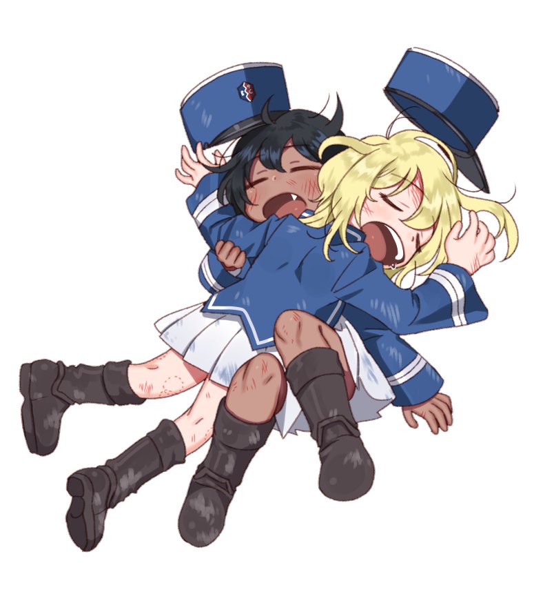 2girls andou_(girls_und_panzer) bangs bc_freedom_(emblem) bc_freedom_military_uniform bite_mark black_footwear black_hair blonde_hair blue_hat blue_jacket boots closed_eyes commentary dark_skin dirty dirty_face emblem eyebrows_visible_through_hair fang full_body girls_und_panzer hat jacket knee_boots long_sleeves lying lying_on_person medium_hair military military_hat military_uniform miniskirt multiple_girls on_back on_stomach open_mouth oshida_(girls_und_panzer) pleated_skirt shako_cap shutou_mq simple_background skirt sleeping uniform white_background white_skirt younger