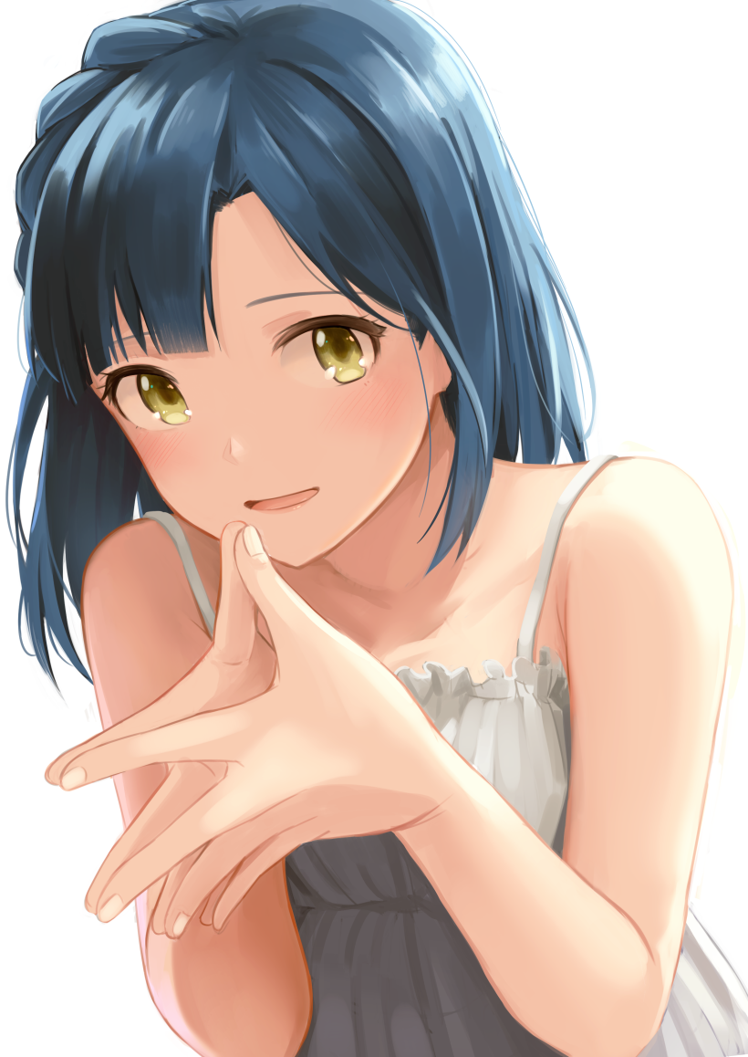 1girl blue_hair blush dress hands_together hinoshita_akame idolmaster idolmaster_million_live! nanao_yuriko open_mouth own_hands_together short_hair simple_background smile solo upper_body white_background white_dress yellow_eyes