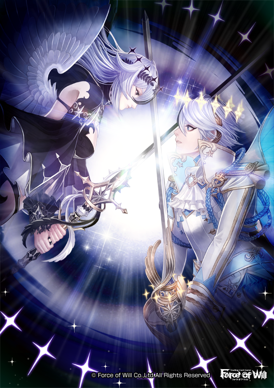 1boy aimul_(force_of_will) black_eyes black_hair blue_eyes breasts cleavage company_name feathered_wings force_of_will grimm_(force_of_will) long_hair multicolored_hair official_art siblings sparkle star sword teeth tiara two-tone_hair weapon white_hair wings