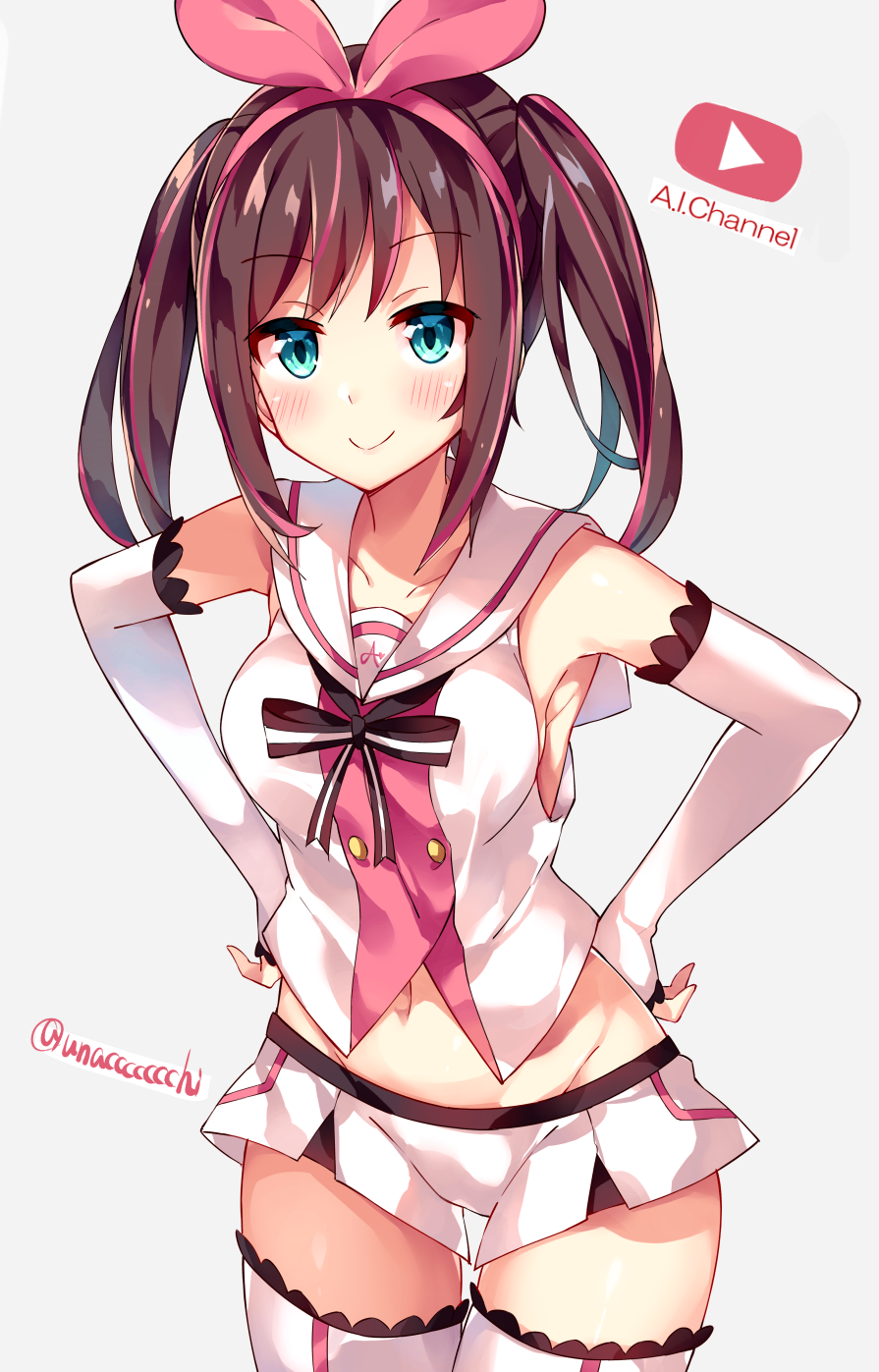 1girl a.i._channel alternate_hairstyle armpits bangs bare_shoulders blue_eyes blush breasts brown_hair closed_mouth collarbone commentary_request copyright_name detached_sleeves eyebrows_visible_through_hair grey_background groin hair_ribbon hair_up hairband hands_on_hips highres kizuna_ai long_hair long_sleeves looking_at_viewer medium_breasts multicolored_hair navel pink_hair pink_hairband pink_ribbon play_button ribbon shirt short_shorts shorts sidelocks simple_background sleeveless sleeveless_shirt sleeves_past_wrists smile solo streaked_hair thigh-highs twintails twitter_username unacchi_(nyusankin) virtual_youtuber white_legwear white_shirt white_shorts