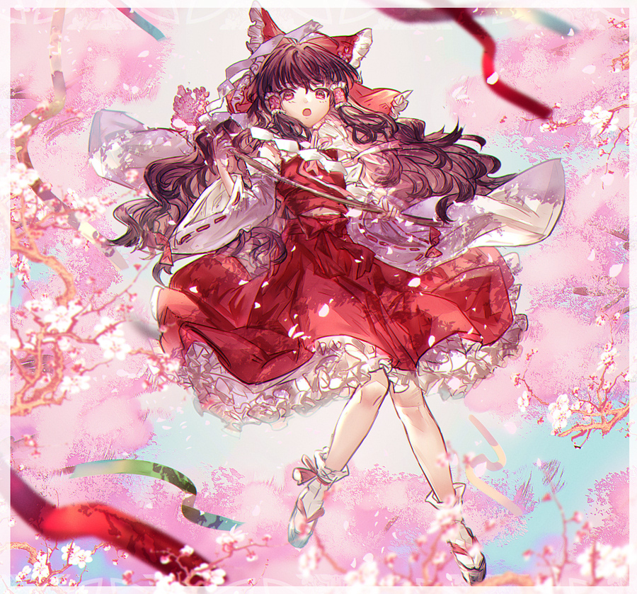 1girl :o ascot bow branch brown_hair cherry_blossoms commentary detached_sleeves floral_print frilled_bow frilled_hair_tubes frilled_skirt frills full_body hair_bow hair_tubes hakurei_reimu holding knees_together_feet_apart long_hair looking_at_viewer midriff_peek pink_eyes red_bow red_shirt red_skirt ribbon-trimmed_sleeves ribbon_trim sandals shionty shirt sidelocks skirt solo tabi touhou wide_sleeves