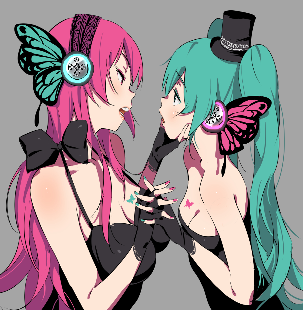 2girls eye_contact fingerless_gloves gloves green_hair hand_holding hand_on_another's_chin hat hatsune_miku interlocked_fingers long_hair looking_at_another magnet_(vocaloid) megurine_luka mini_hat mini_top_hat multiple_girls nail_polish open_mouth redhead senjitsu_musou top_hat twintails vocaloid yuri