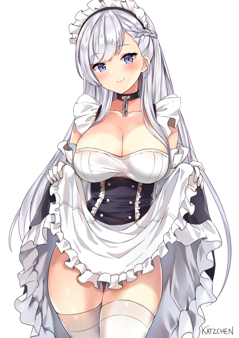 1girl apron apron_lift artist_name azur_lane bangs belfast_(azur_lane) blue_eyes blush braid breasts chains cleavage closed_mouth collar collarbone corset cowboy_shot eyebrows_visible_through_hair french_braid frilled_apron frills gloves kaetzchen large_breasts long_hair looking_at_viewer maid_headdress signature silver_hair simple_background skirt skirt_lift smile solo swept_bangs thigh-highs thighs tsurime white_background white_gloves white_legwear