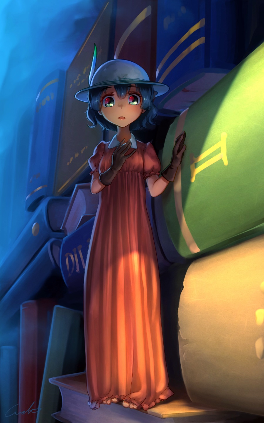 1girl adapted_costume black_gloves blue_hair book book_stack commentary_request dress eyebrows_visible_through_hair gloves green_eyes hat hat_feather highres kaban_(kemono_friends) kemono_friends long_dress looking_at_viewer minigirl open_mouth puffy_short_sleeves puffy_sleeves red_dress short_hair short_sleeves signature solo welt_(kinsei_koutenkyoku) white_hat