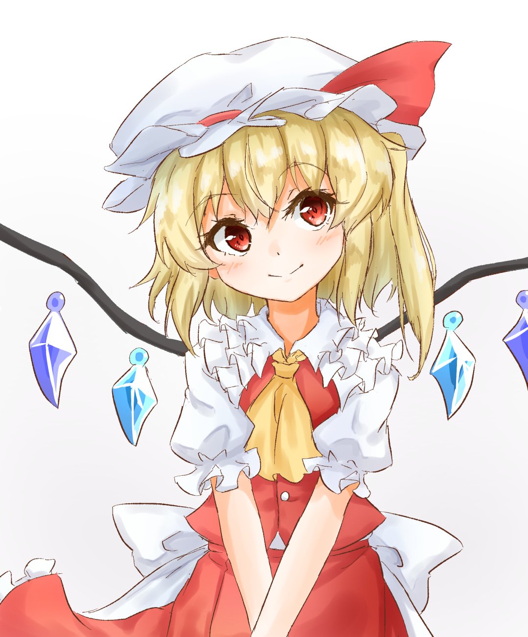 1girl ascot blonde_hair bow buttons closed_mouth commentary_request cowboy_shot crossed_arms eyebrows_visible_through_hair eyelashes flandre_scarlet frilled_shirt_collar frilled_skirt frills gem hat hat_bow head_tilt highres looking_at_viewer mob_cap one_side_up puffy_short_sleeves puffy_sleeves red_bow red_eyes red_skirt red_vest sash shirt short_hair short_sleeves simple_background skirt smile solo tarumaru touhou vest white_background white_sash white_shirt wings yellow_neckwear