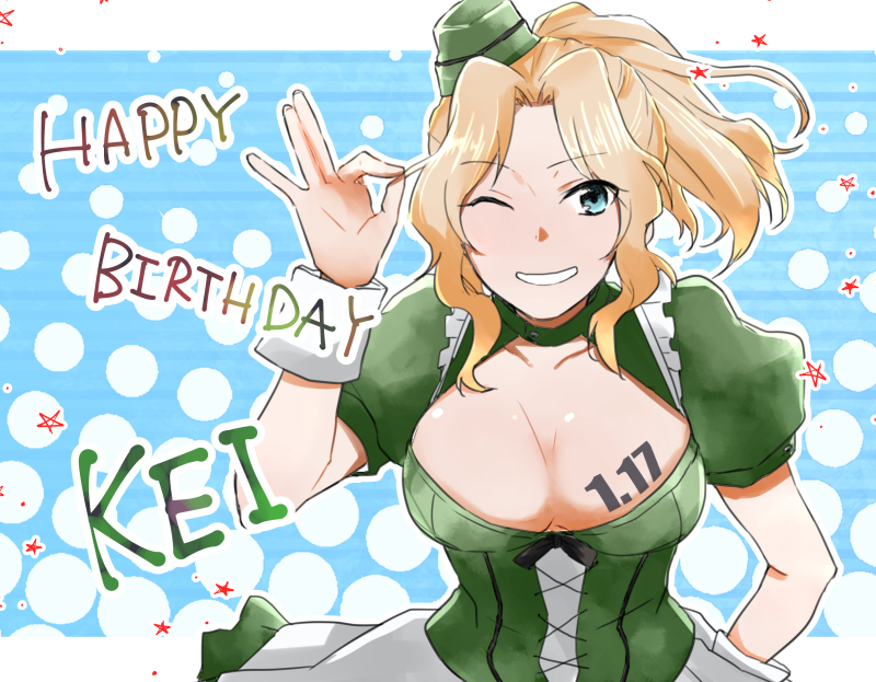 1girl alternate_costume blonde_hair blue_background blue_eyes breasts character_name cleavage_cutout dated dress english eyebrows_visible_through_hair garrison_cap girls_und_panzer green_dress green_hat grin hair_intakes hair_up happy_birthday hat kay_(girls_und_panzer) large_breasts long_hair looking_at_viewer medium_dress ok_sign one_eye_closed puffy_short_sleeves puffy_sleeves short_ponytail short_sleeves smile solo standing star upper_body wrist_cuffs yuuhi_(arcadia)