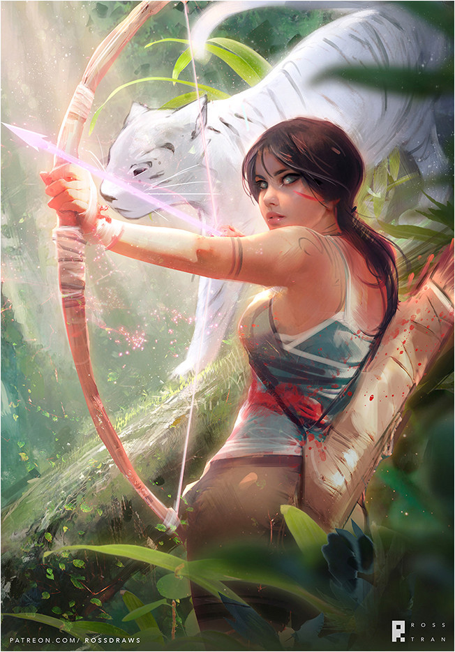 blood blue_eyes bow_(weapon) brown_hair forest from_behind jungle lara_croft nature over_shoulder plant ponytail sunlight tank_top tattoo tiger tomb_raider tree weapon white_tiger
