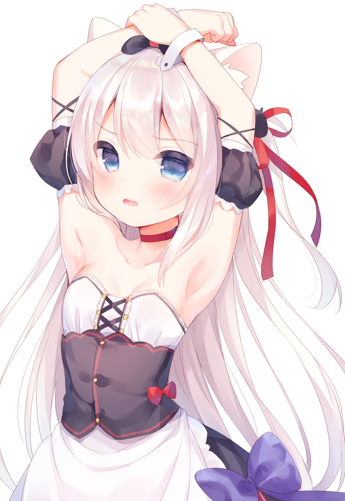1girl animal_ears apron armpits arms_up azur_lane bangs bare_shoulders black_bow black_dress blue_bow blue_eyes blush bow breasts cat_ears cat_hair_ornament choker collarbone commentary_request detached_sleeves dress eyebrows_visible_through_hair fang hair_between_eyes hair_bow hair_ornament hair_ribbon hammann_(azur_lane) light_brown_hair long_hair looking_at_viewer one_side_up parted_lips puffy_detached_sleeves puffy_short_sleeves puffy_sleeves red_bow red_choker red_ribbon remodel_(azur_lane) ribbon short_sleeves simple_background small_breasts solo strapless strapless_dress usashiro_mani very_long_hair waist_apron white_apron white_background wrist_cuffs