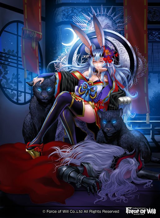 1boy 1girl animal_ears ayu_(force_of_will) blue_eyes blue_hair breasts cape cleavage company_name force_of_will gloves hair_over_one_eye horns japanese_clothes leaf long_hair misa_tsutsui nail_polish night night_sky official_art panther rabbit_ears sandals sitting sky star_(sky) thigh-highs throne welser_(force_of_will) white_hair