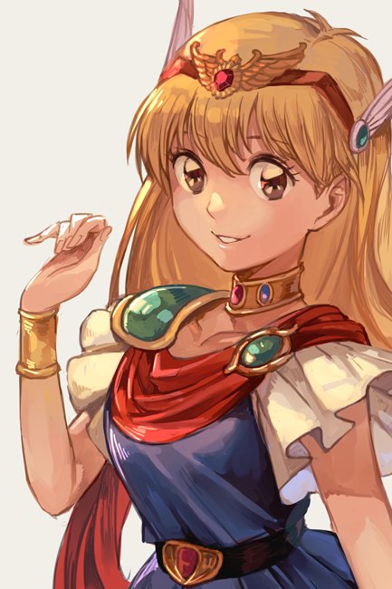 1girl akazukin_chacha bangs belt blonde_hair bracelet breasts brown_eyes cape chacha_(akazukin_chacha) choker frills hair_between_eyes hand_up hankuri head_wings jewelry long_hair looking_at_viewer magical_girl magical_princess parted_lips simple_background small_breasts smile solo tiara upper_body white_background
