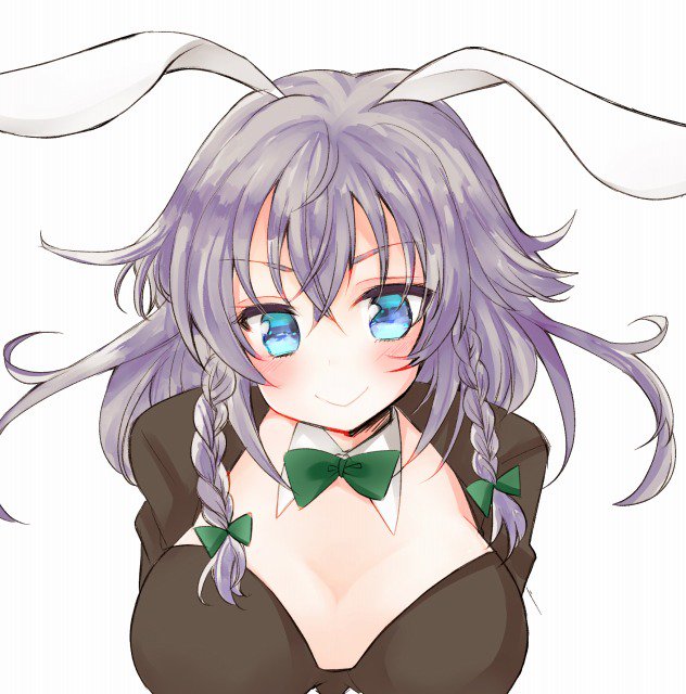 1girl alternate_hair_length alternate_hairstyle animal_ears black_jacket blue_eyes blush braid breasts bunny_girl closed_mouth commentary_request cravat detached_collar eyebrows_visible_through_hair green_ribbon hair_ribbon izayoi_sakuya jacket large_breasts long_hair looking_at_viewer mame_mochi rabbit_ears ribbon side_braid silver_hair simple_background smile solo touhou twin_braids upper_body white_background