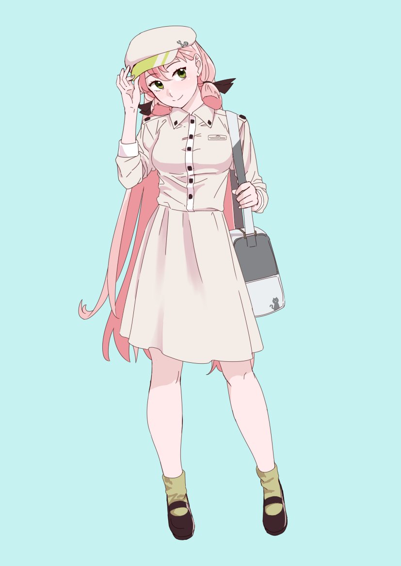 1girl akashi_(kantai_collection) alternate_costume bag beret black_footwear black_ribbon blue_background contrapposto dress full_body green_eyes green_legwear hair_ribbon hat kantai_collection long_hair looking_at_viewer mary_janes ojipon pink_hair ribbon shoes small solo standing tress_ribbon white_dress white_hat