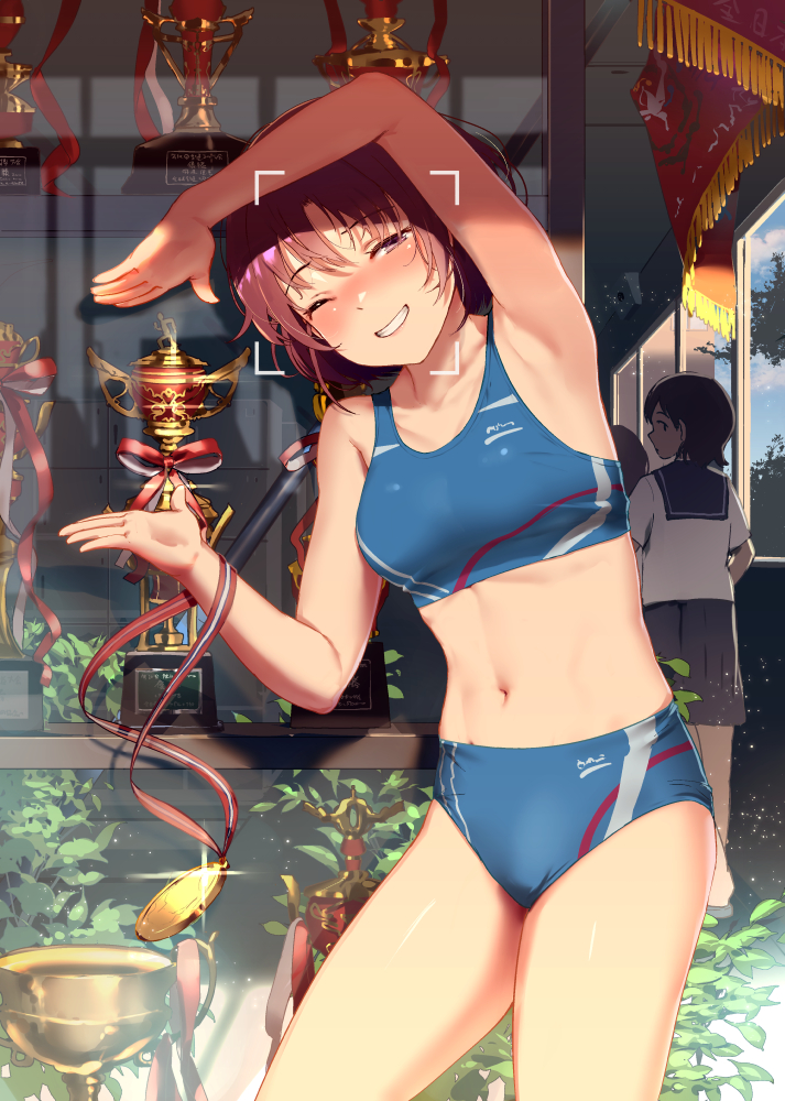 2girls arm_up armpits bangs blush breasts brown_eyes brown_hair buruma cabinet commentary_request eyebrows_visible_through_hair indoors looking_at_viewer looking_back medal medium_breasts multiple_girls navel one_eye_closed original parted_lips plant pose red_ribbon ribbon satsuki_neko school_uniform shirt short_sleeves smile solo_focus sports_bikini standing stomach tree trophy viewfinder white_shirt window