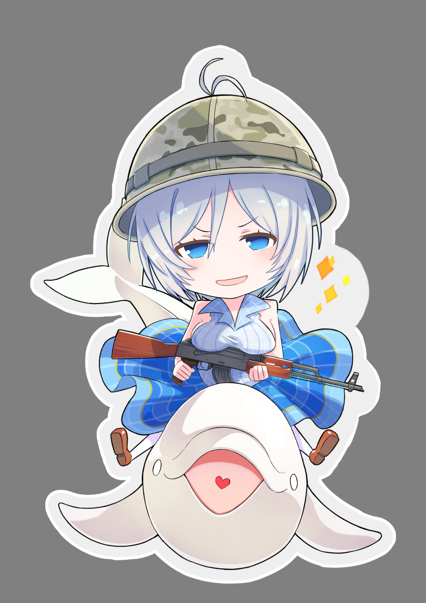 1girl ak-47 assault_rifle blue_eyes blush brat breast_rest breasts chibi dennou_shoujo_youtuber_shiro dolphin eyebrows_visible_through_hair gun heart highres holding holding_gun holding_weapon large_breasts looking_at_viewer rifle shiro_(dennou_shoujo_youtuber_shiro) silver_hair smile solo thigh-highs virtual_youtuber weapon white_legwear