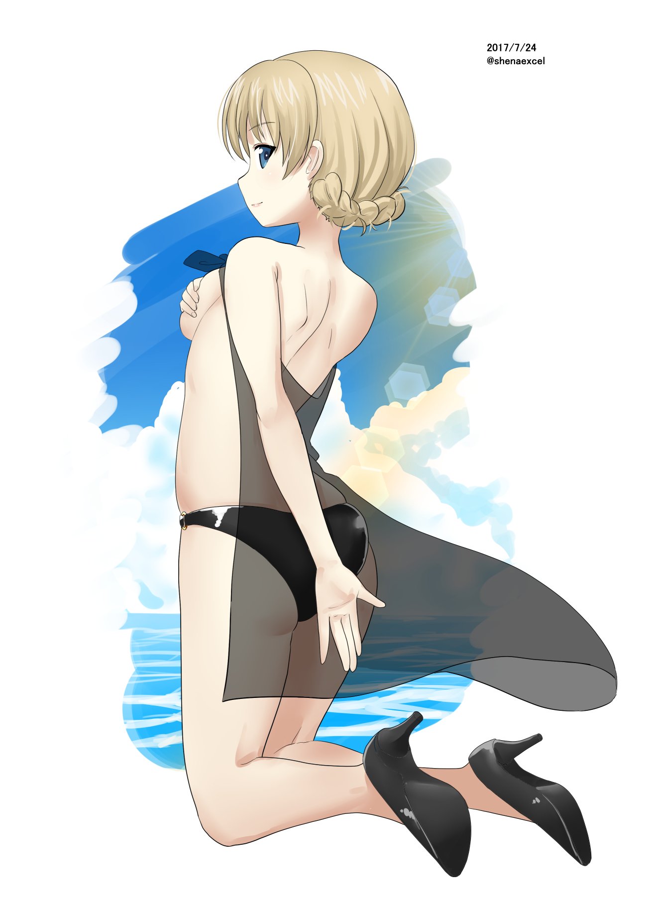 1girl ass back bangs bikini black_bikini black_footwear blonde_hair blue_eyes braid breasts closed_mouth clouds cloudy_sky commentary_request covering covering_ass covering_breasts darjeeling dated day excel_(shena) eyebrows_visible_through_hair from_behind full_body girls_und_panzer high_heels highres kneeling lens_flare light_smile lingerie looking_at_viewer looking_back medium_breasts negligee o-ring_bikini ocean see-through sheer_clothes short_hair sideboob skindentation sky solo swimsuit tied_hair twin_braids twitter_username underwear
