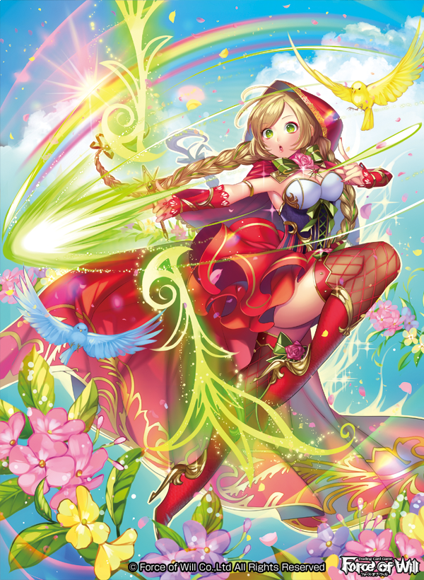 1girl arrow bird blonde_hair boots bow bow_(weapon) bowtie braid breasts cape cleavage clouds company_name feathered_wings flower force_of_will green_eyes high_heel_boots high_heels hood leaf little_red_riding_hood_(force_of_will) long_hair matsurika_youko nail_polish official_art open_mouth rainbow sky solo sparkle thigh-highs twin_braids weapon wings