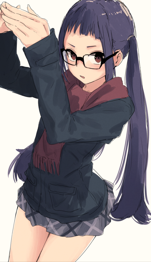 1girl arms_up bangs beige_background black-framed_eyewear black_jacket blush brown_eyes brown_scarf fingernails fringe furukawa_wanosuke glasses grey_skirt jacket long_hair long_sleeves looking_at_viewer oogaki_chiaki own_hands_together parted_lips purple_hair sidelocks simple_background skirt solo twintails very_long_hair yurucamp