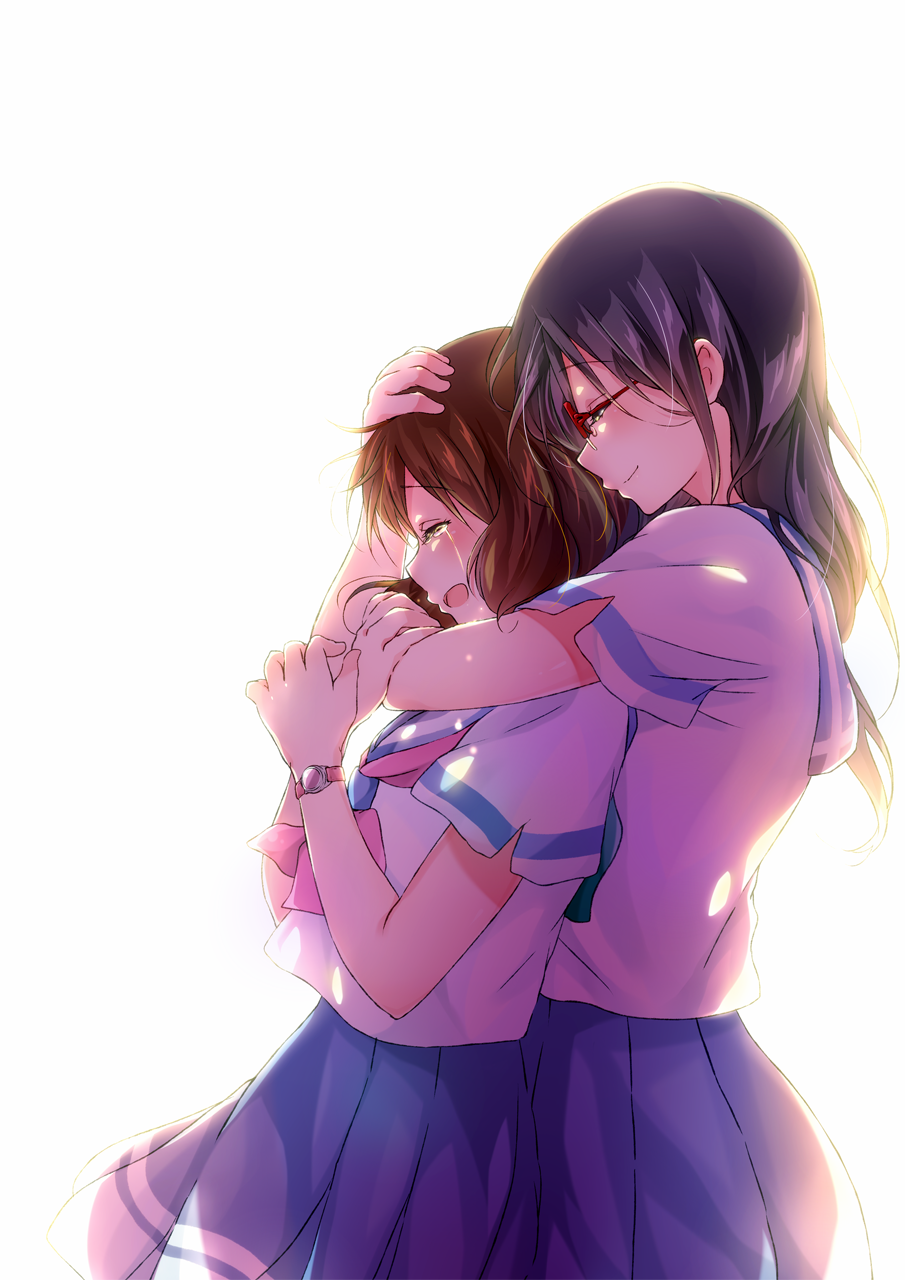 2girls backlighting black_hair blush brown_hair crying from_side hand_on_another's_head hibike!_euphonium highres hug hug_from_behind komugiko long_hair multiple_girls open_mouth oumae_kumiko school_uniform short_hair short_sleeves smile tanaka_asuka watch watch wavy_hair white_background yuri