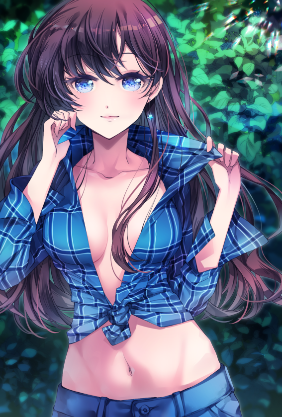 1girl belly blue_eyes blush breasts brown_hair collarbone commentary_request earrings ichinose_shiki idolmaster idolmaster_cinderella_girls jewelry long_hair looking_at_viewer medium_breasts midriff navel no_bra plaid plaid_shirt shirt solo soso tied_shirt wavy_hair