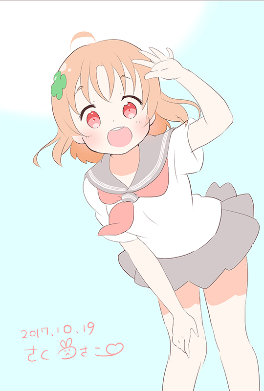 1girl ahoge bangs blush clover_hair_ornament commentary_request dated dot_nose grey_skirt hair_ornament looking_at_viewer love_live! love_live!_sunshine!! medium_hair open_mouth orange_hair red_eyes saku_usako_(rabbit) school_uniform shirt short_sleeves skirt solo takami_chika white_shirt