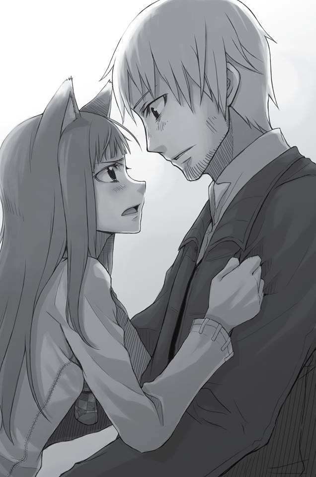 1boy 1girl animal_ears ayakura_juu beard couple craft_lawrence eye_contact facial_hair fox_ears grey_background greyscale holo long_hair looking_at_another monochrome novel_illustration official_art open_mouth parted_lips spice_and_wolf