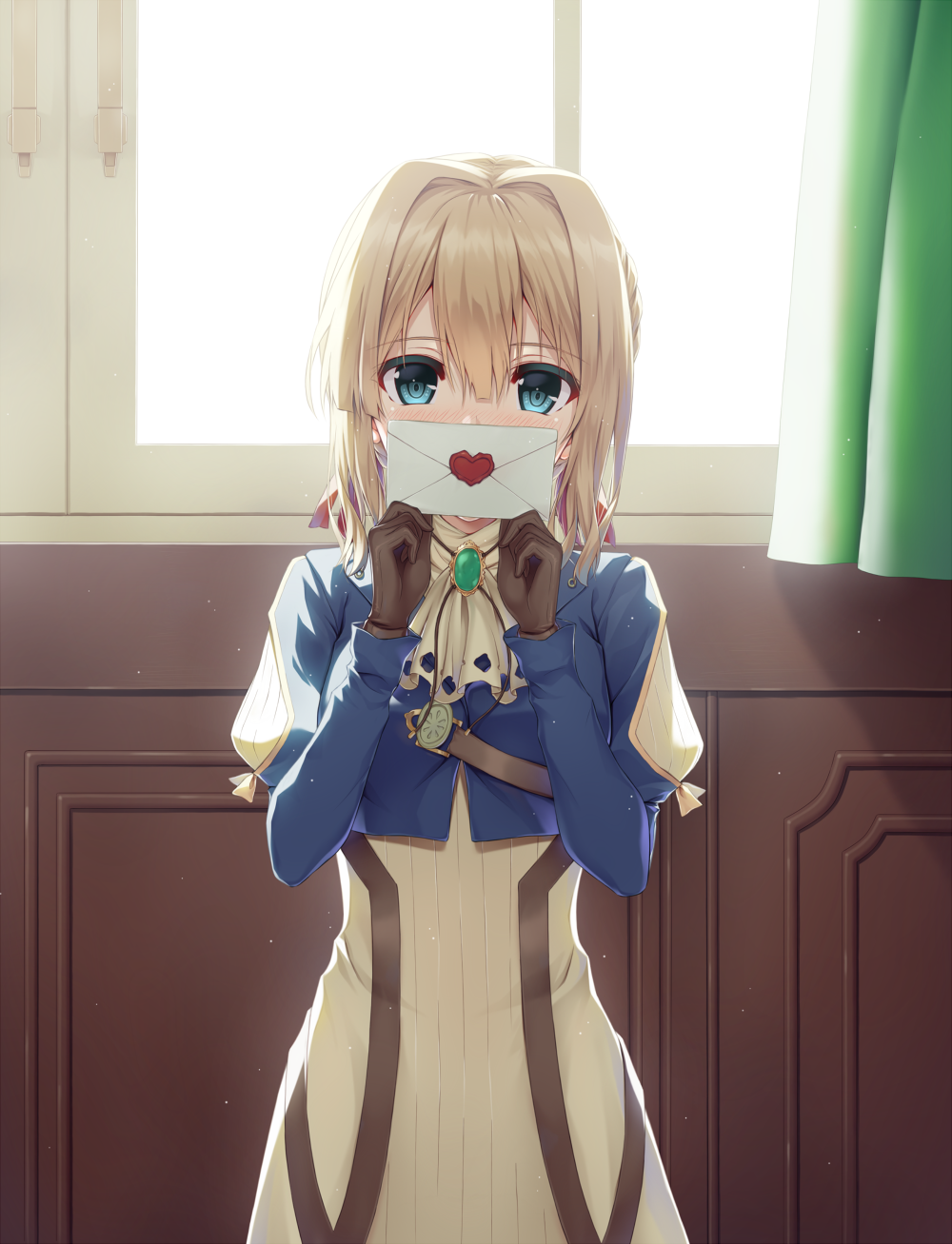 1girl ascot bangs blonde_hair blue_eyes blue_jacket blush brooch brown_gloves colored_eyelashes cowboy_shot cropped_jacket curtains day dress dust eyebrows_visible_through_hair gem gloves heart highres holding_letter indoors jacket jewelry juliet_sleeves letter long_sleeves looking_at_viewer love_letter nose_blush puffy_sleeves seirei911 short_hair solo standing sunlight tareme two-handed violet_evergarden violet_evergarden_(character) white_dress white_neckwear window