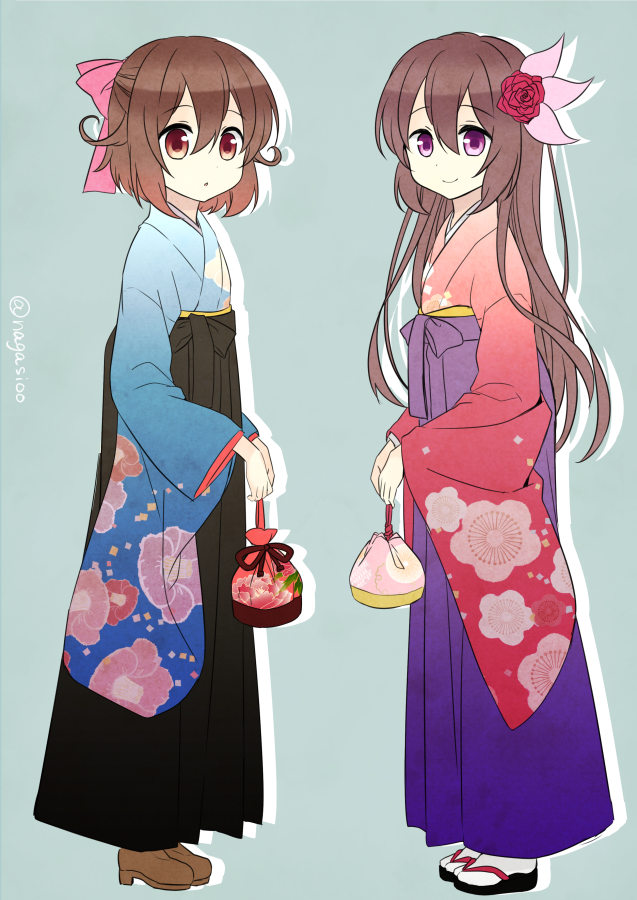 2girls alternate_costume blue_background bow brown_hair commentary_request floral_print flower full_body hair_bow hair_flower hair_ornament hakama japanese_clothes kantai_collection kimono kisaragi_(kantai_collection) long_hair long_sleeves looking_at_viewer multiple_girls mutsuki_(kantai_collection) nagasioo parted_lips red_eyes short_hair simple_background smile twitter_username violet_eyes wide_sleeves