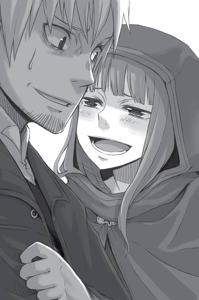 1boy 1girl :d ayakura_juu beard blush cape craft_lawrence facial_hair greyscale grin holo hood hooded long_hair monochrome novel_illustration official_art open_mouth smile spice_and_wolf sweatdrop upper_body