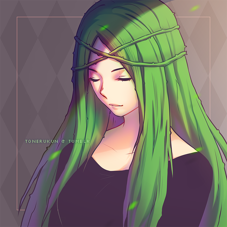 1girl artist_name boku_no_hero_academia closed_eyes green_hair long_hair plant shiozaki_ibara solo teeth thorns tonerukun vines watermark web_address