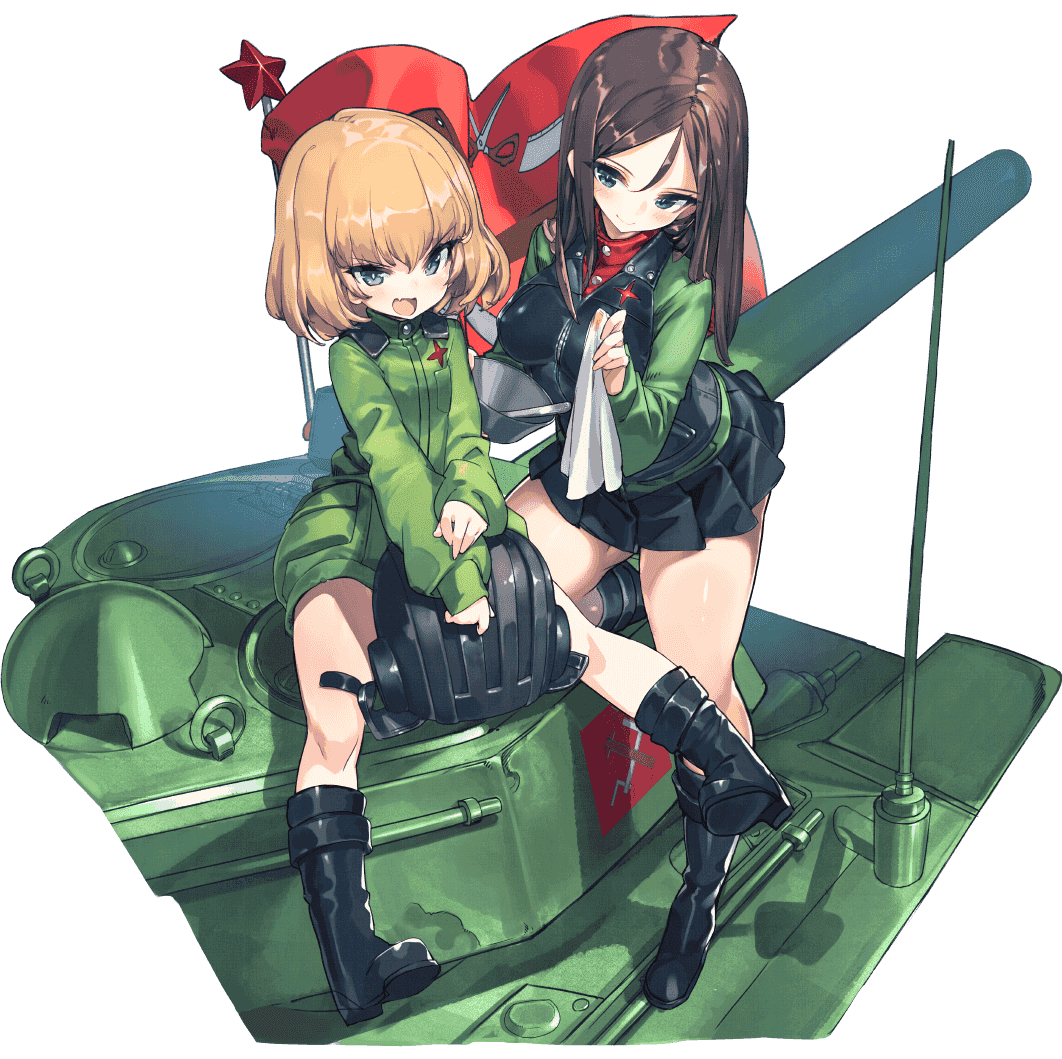 2girls :d bangs black_footwear black_hair black_skirt black_vest blonde_hair blue_eyes boots bowl closed_mouth collaboration commentary_request emblem eyebrows_visible_through_hair fang girls_und_panzer green_jacket green_jumpsuit ground_vehicle handkerchief headwear_removed helmet helmet_removed holding jacket katyusha kneeling last_period long_hair long_sleeves looking_at_another looking_at_viewer military military_uniform military_vehicle miniskirt motor_vehicle multiple_girls nonna official_art open_mouth pleated_skirt pravda_(emblem) pravda_military_uniform red_flag red_shirt shirt short_hair short_jumpsuit sitting skirt smile standing swept_bangs t-34 tank transparent_background turtleneck uniform vest