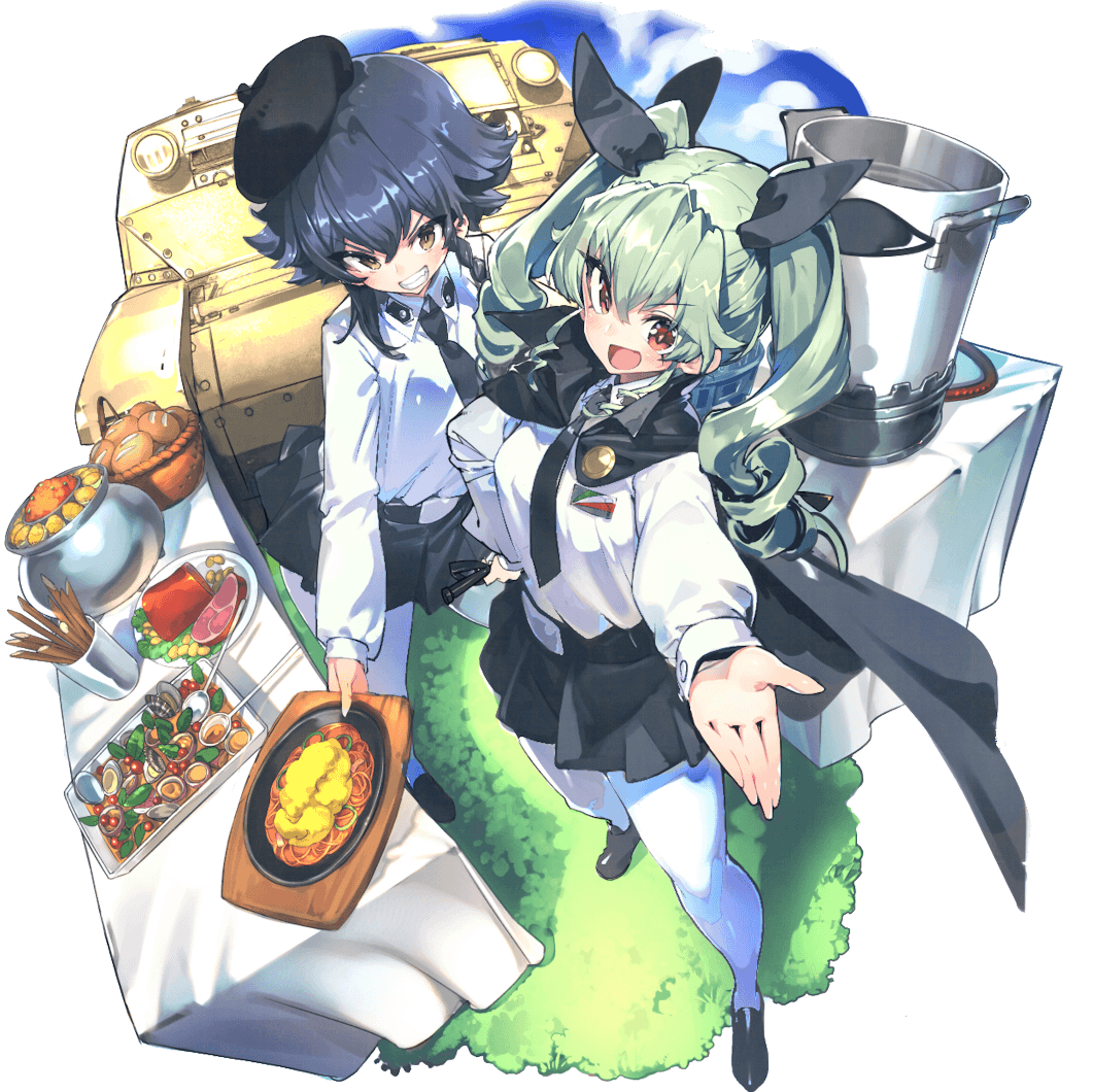 anchovy anzio_school_uniform bangs belt beret black_belt black_cape black_footwear black_hair black_hat black_neckwear black_skirt braid bread brown_eyes cape carro_veloce_cv-33 clouds cloudy_sky collaboration commentary_request day dress_shirt drill_hair emblem eyebrows_visible_through_hair food food_request full_body gesture girls_und_panzer grass green_hair grin ground_vehicle ham hand_on_hip hat holding last_period loafers long_hair long_sleeves looking_at_viewer military military_vehicle miniskirt motor_vehicle necktie official_art open_mouth outdoors pantyhose pasta pepperoni_(girls_und_panzer) plate pleated_skirt pot red_eyes riding_crop school_uniform shirt shoes short_hair side_braid skirt sky smile standing table tablecloth tank transparent_background tray twin_drills twintails v-shaped_eyebrows white_legwear white_shirt