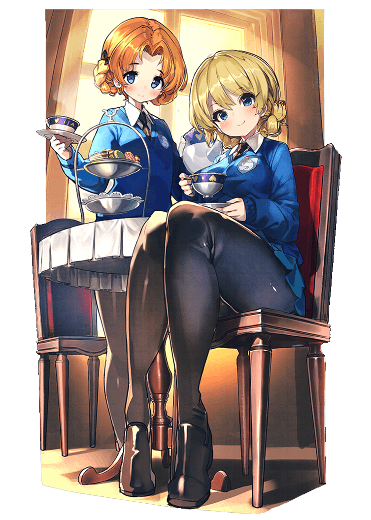 2girls bangs black_bow black_footwear black_legwear black_neckwear blonde_hair blue_eyes blue_skirt blue_sweater blush bow braid cake chair closed_mouth collaboration commentary_request cookie cup darjeeling dress_shirt emblem eyebrows_visible_through_hair food girls_und_panzer hair_bow holding holding_cup holding_plate indoors last_period legs loafers long_sleeves looking_at_viewer macaron miniskirt multiple_girls necktie official_art orange_hair orange_pekoe pantyhose parted_bangs plate pleated_skirt saucer school_uniform shirt shoes short_hair sitting skirt smile st._gloriana's_(emblem) st._gloriana's_school_uniform standing sweater table tablecloth teacup teapot thighs tied_hair tiered_tray transparent_background twin_braids v-neck white_shirt window wooden_chair wooden_table