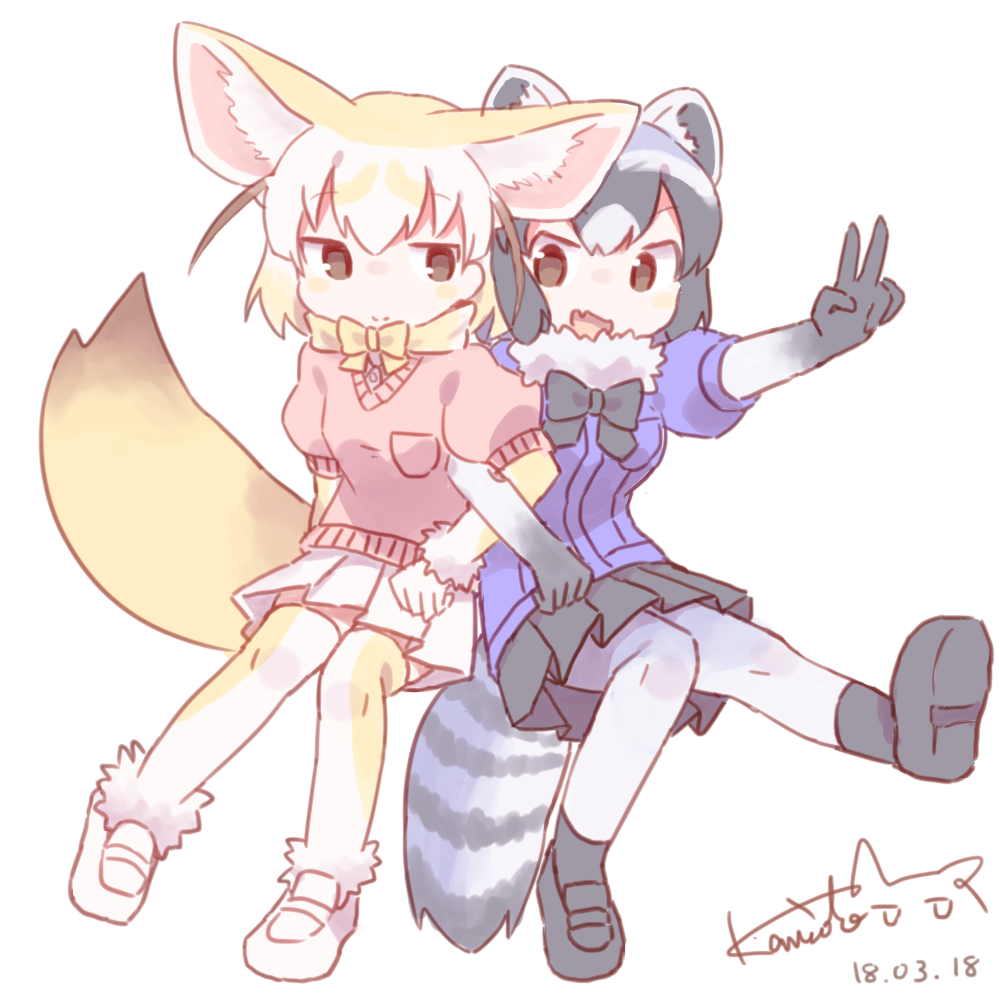 2girls :d animal_ears black_hair black_skirt blonde_hair bow bowtie colo_(frypan_soul) common_raccoon_(kemono_friends) dated extra_ears fang fennec_(kemono_friends) food fox_tail full_body grey_hair kemono_friends locked_arms looking_at_viewer multicolored_hair multiple_girls open_mouth pleated_skirt puffy_short_sleeves puffy_sleeves raccoon_ears raccoon_tail short_sleeves signature simple_background skirt smile tail v white_background white_hair white_skirt