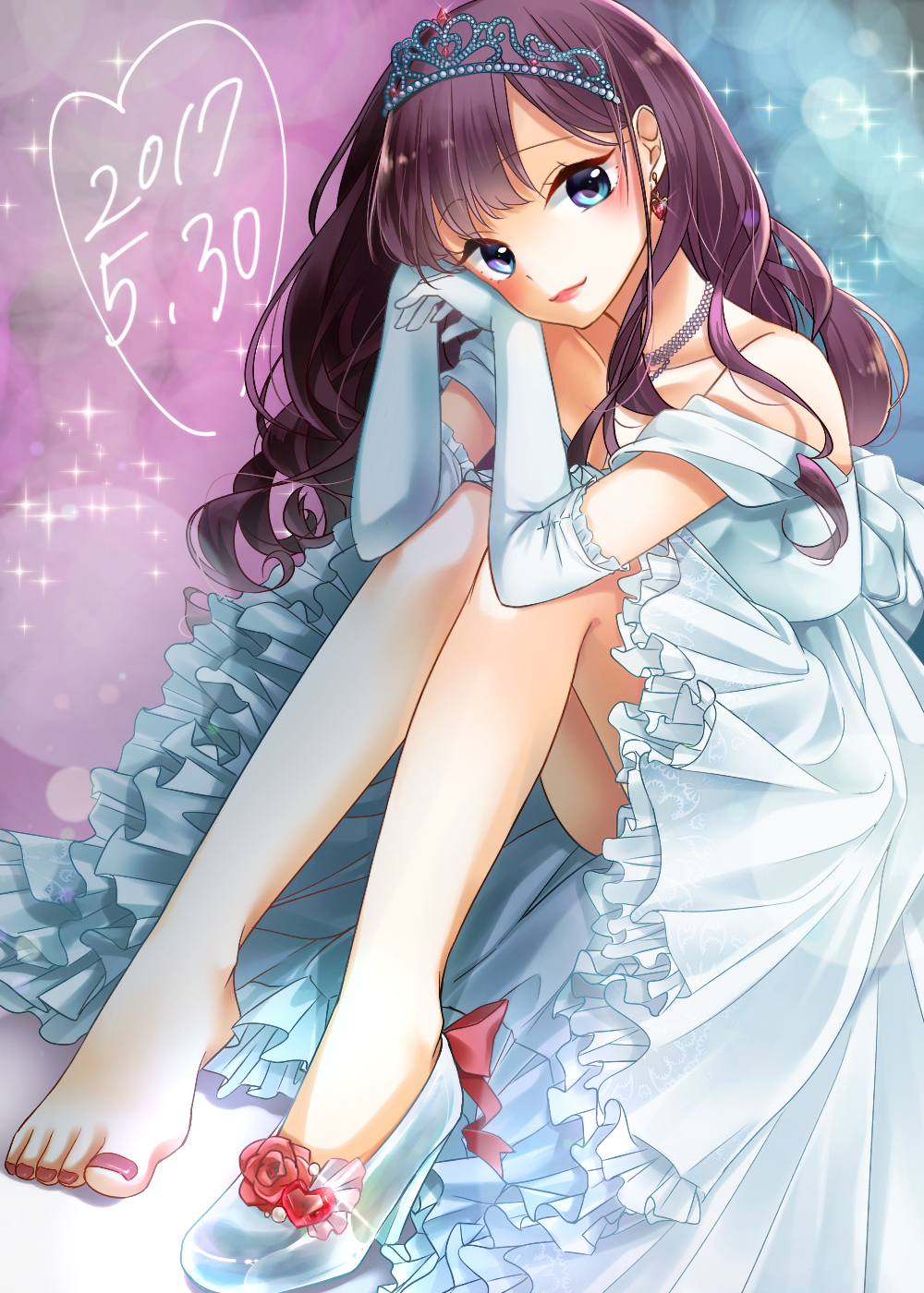 1girl bare_shoulders blue_eyes blush brown_hair dated dress earrings elbow_gloves frilled_dress frills glass_slipper gloves head_rest highres ichinose_shiki idolmaster idolmaster_cinderella_girls jewelry long_hair looking_at_viewer nazuna_(nzn212) necklace off_shoulder shoes single_shoe sitting solo sparkle thighs tiara toenail_polish wavy_hair white_dress white_gloves