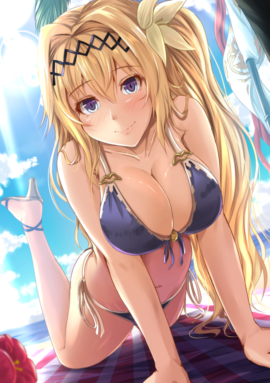 1girl arm_support bangs banner bare_arms bare_shoulders beach beach_towel blonde_hair blue_eyes blue_sky blush breasts cleavage closed_mouth clouds collarbone day eyebrows_visible_through_hair flower foreshortening front-tie_bikini front-tie_top full_body granblue_fantasy hair_between_eyes hair_flower hair_ornament high_heels highres horizon jeanne_d'arc_(granblue_fantasy) kanzaki_kureha large_breasts legs_up light_rays long_hair looking_at_viewer navel ocean outdoors palm_tree purple_ribbon ribbon sidelocks sky smile solo sunbeam sunlight tareme towel tree very_long_hair white_ribbon yellow_flower